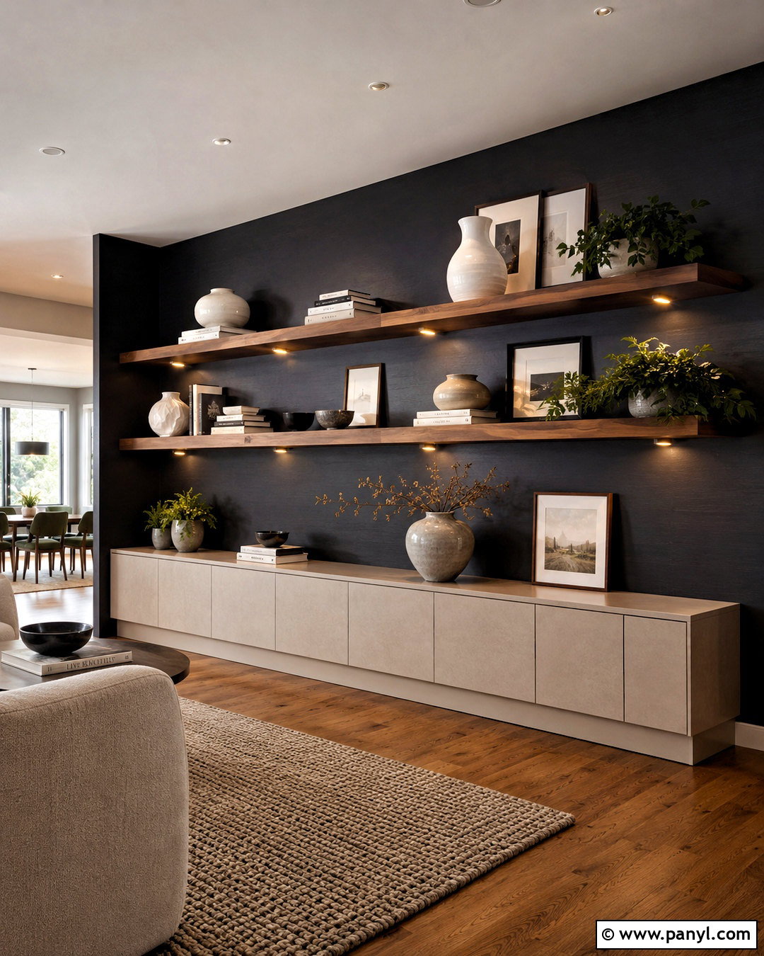 Black Wall With Floating Wood Shelves - 20 black wall ideas