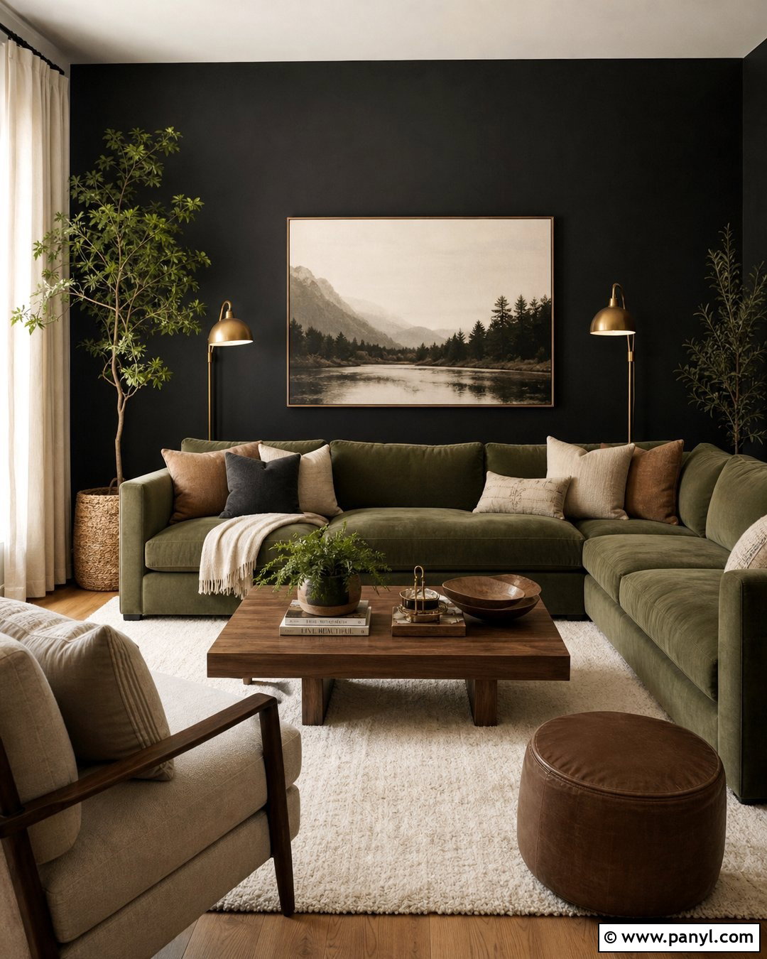 Black Wall With Green Sofa - 30 Black Wall Paint Ideas