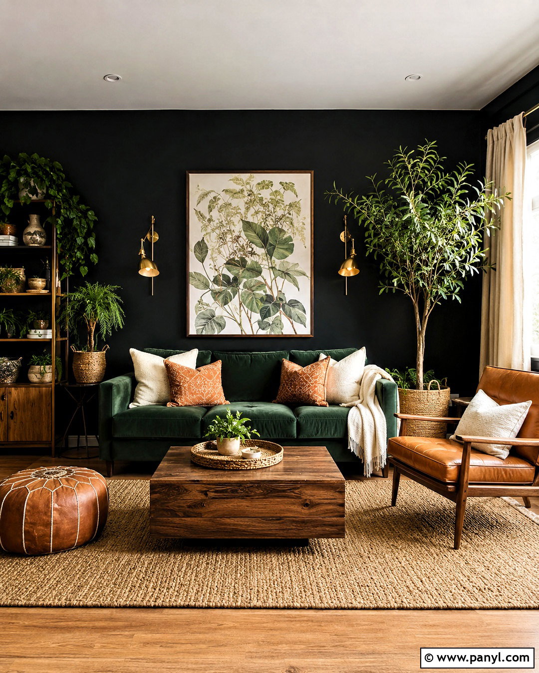 Black Wall With Green Sofa - 20 black living room wall ideas