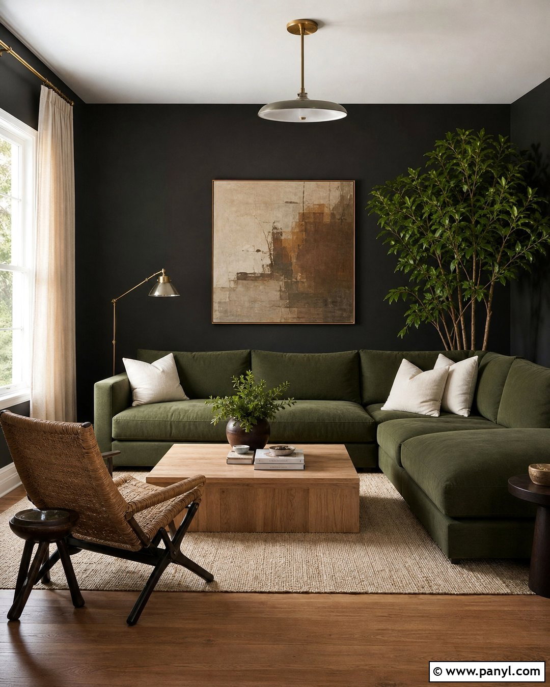 Black Wall With Green Sofa - 30 Black Wall Interior Ideas