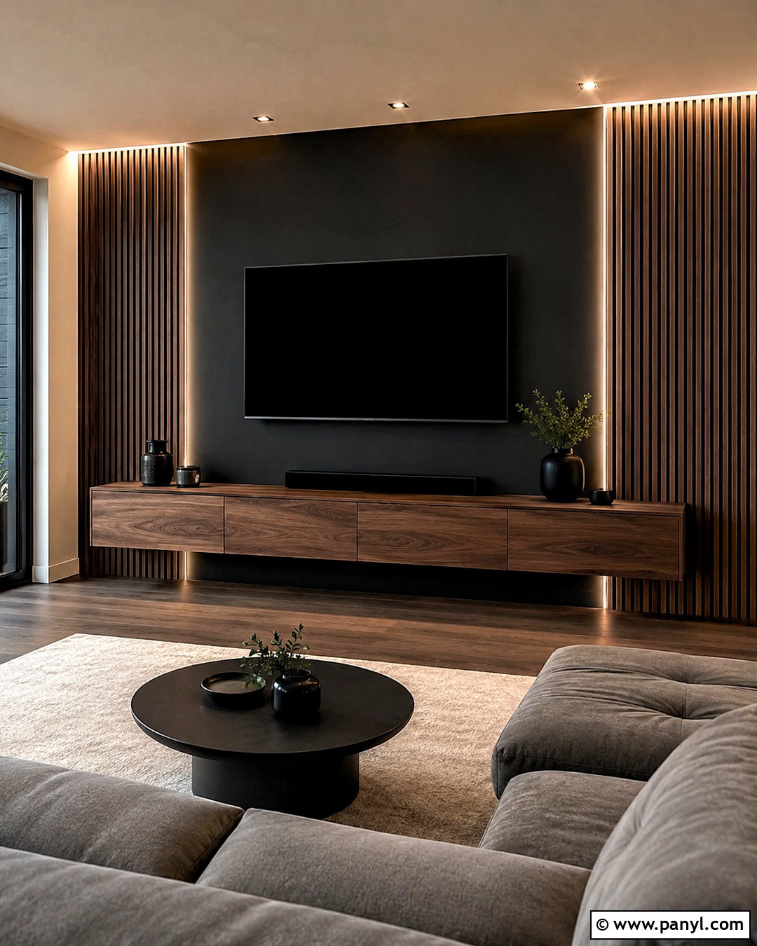 Black Wall With LED-Lit Wood Slats - 20 black wall with wood slats
