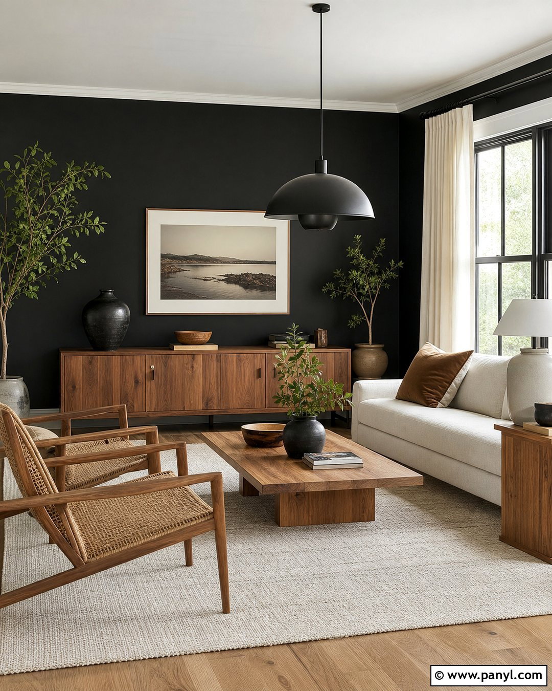 Black Wall With Natural Wood Furniture - 30 Black Wall Paint Ideas