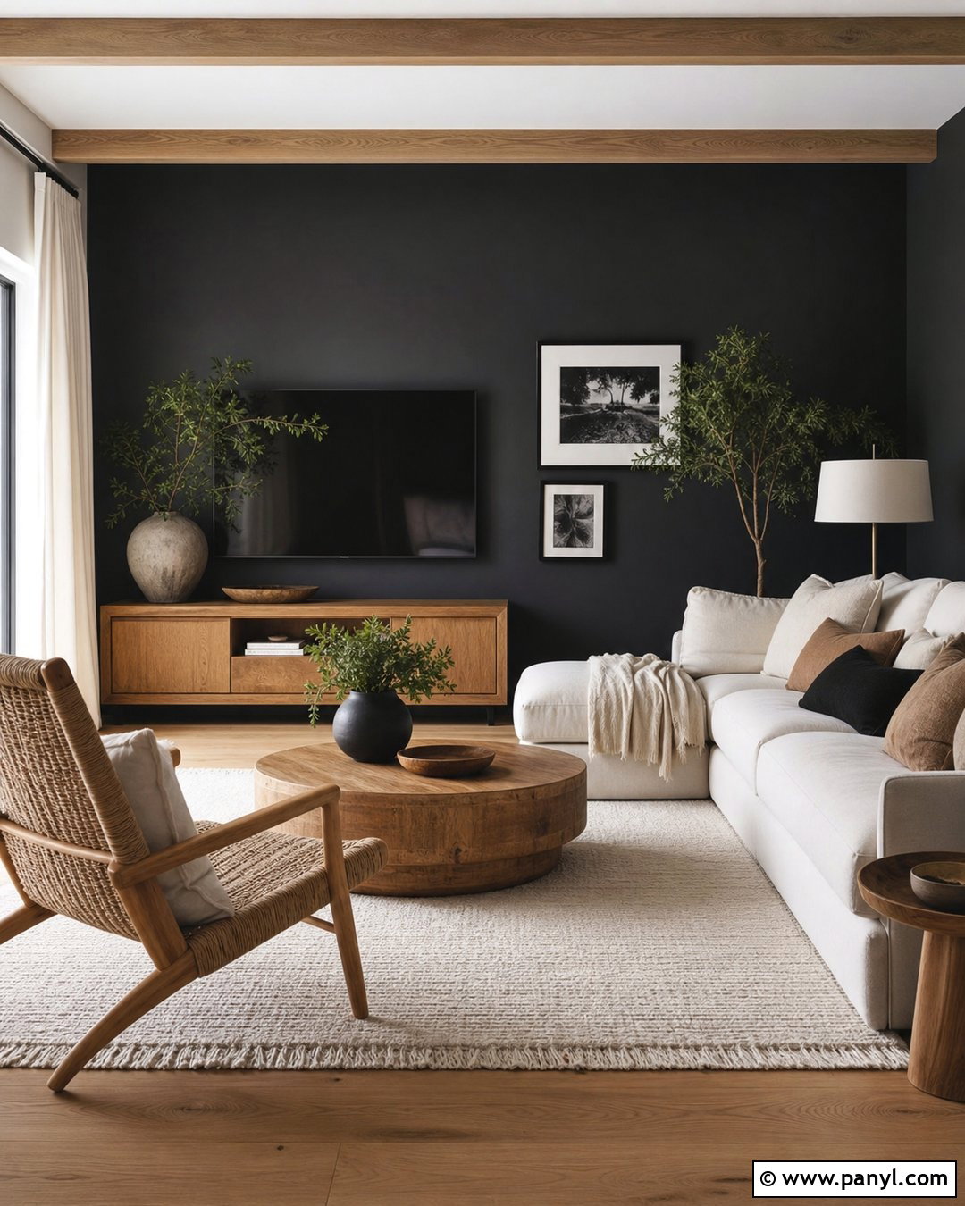 Black Wall With Natural Wood Furniture - 30 Black Wall Interior Ideas