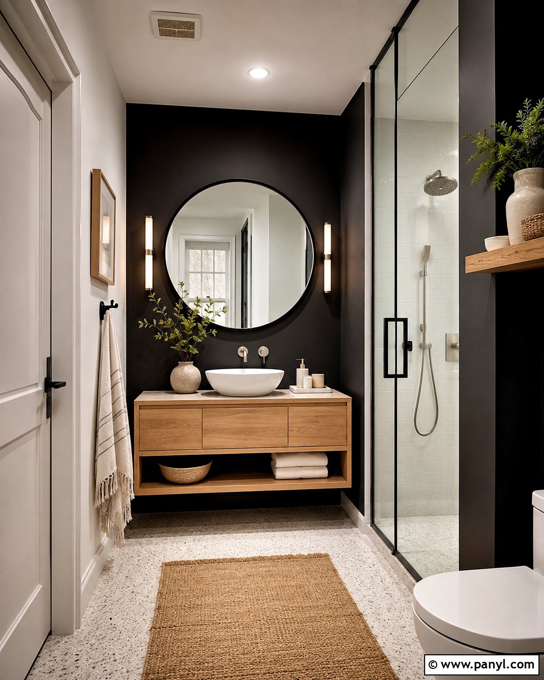 Black Wall With Round Mirror - 20 black wall bathroom small spaces
