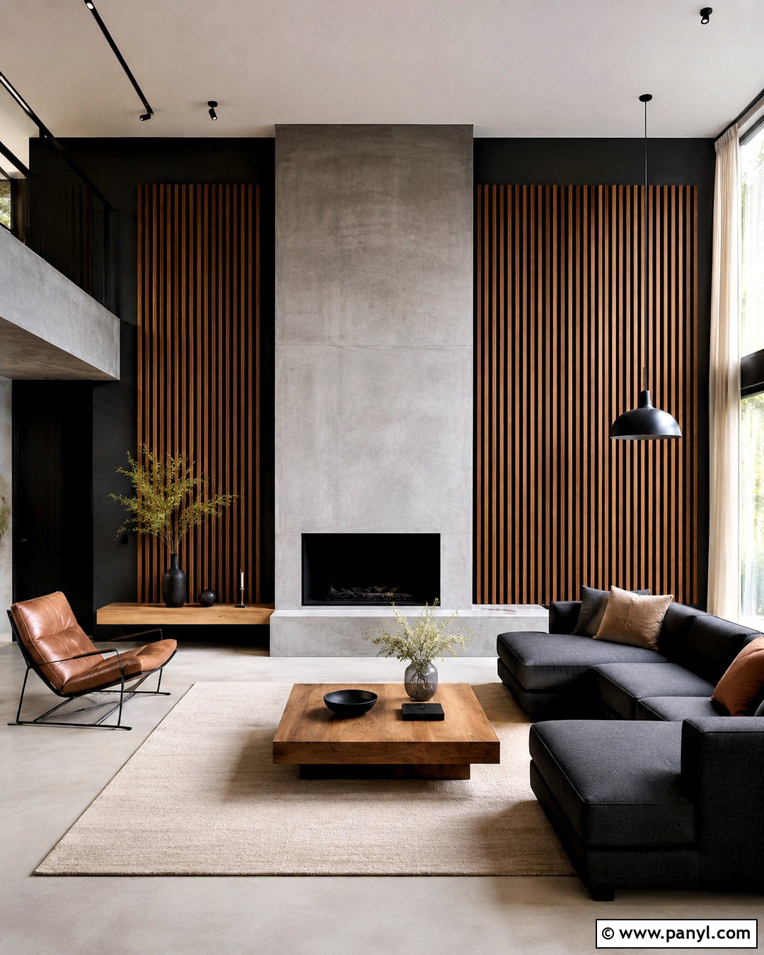 Black Wall With Slats And Concrete Fireplace - 20 black wall with wood slats
