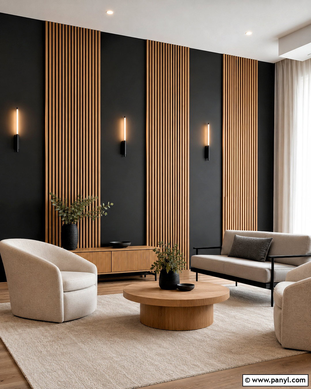 Black Wall With Spaced Oak Slat Panels - 20 black wall with wood slats