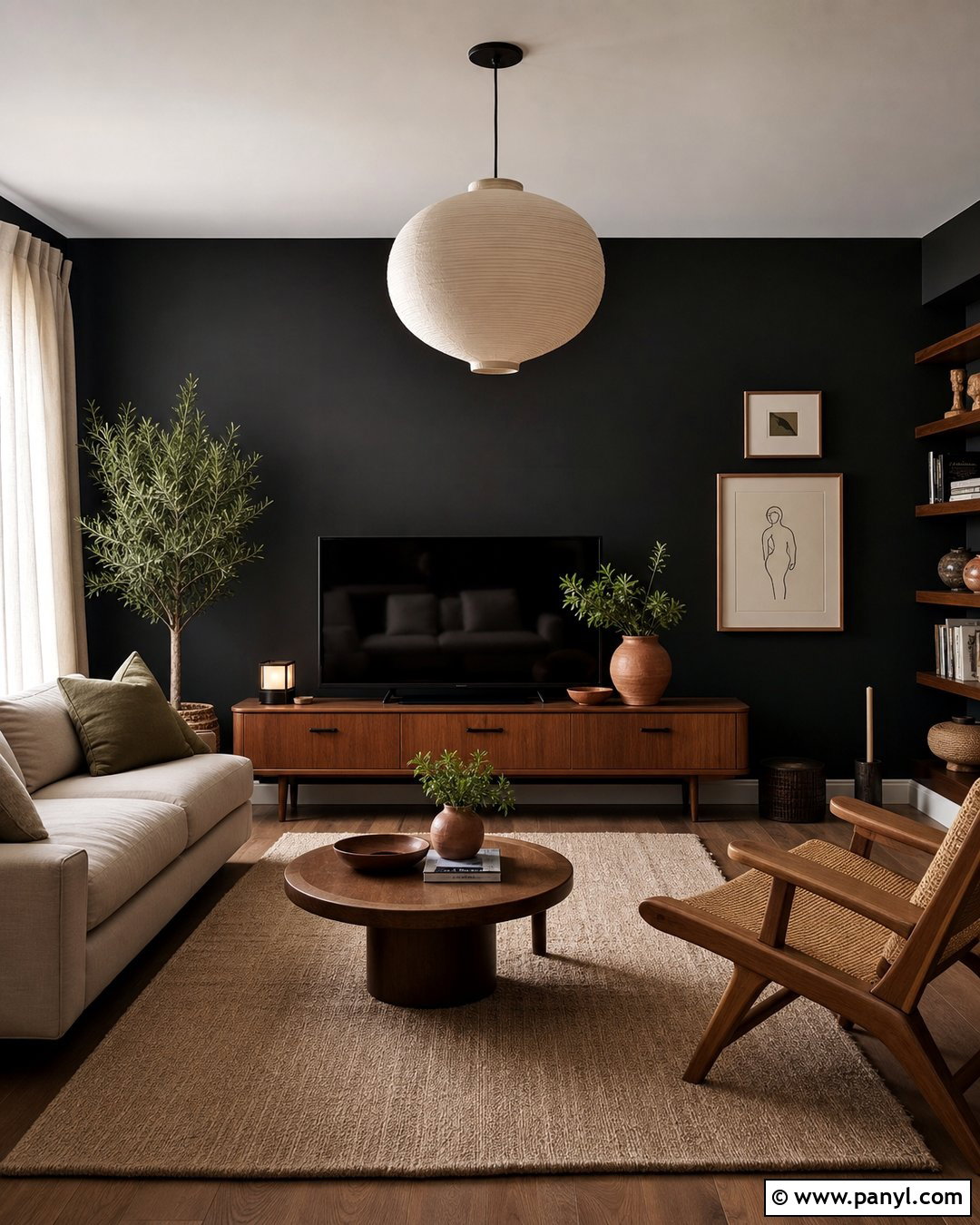 Black Wall With Warm Wood Furniture - 20 Painting One Wall Black Ideas