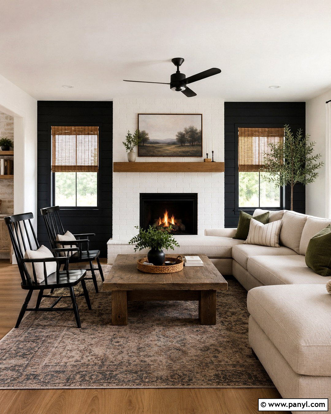 Black Wall With White Brick And Wood Mantel - 20 Black Accent Wall White Fireplace Ideas