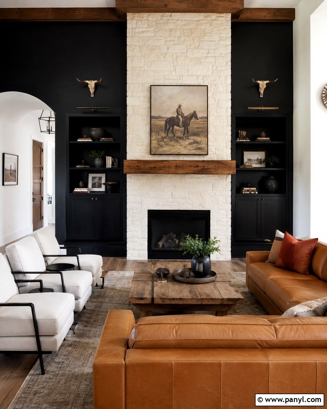 Black Wall With White Stone Fireplace - 20 Black Accent Wall Living Room Western Ideas