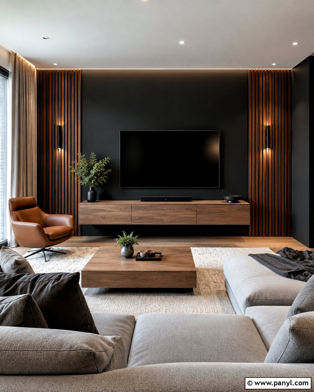 Black Wall With Wood Slats - 40 Black Painted Walls
