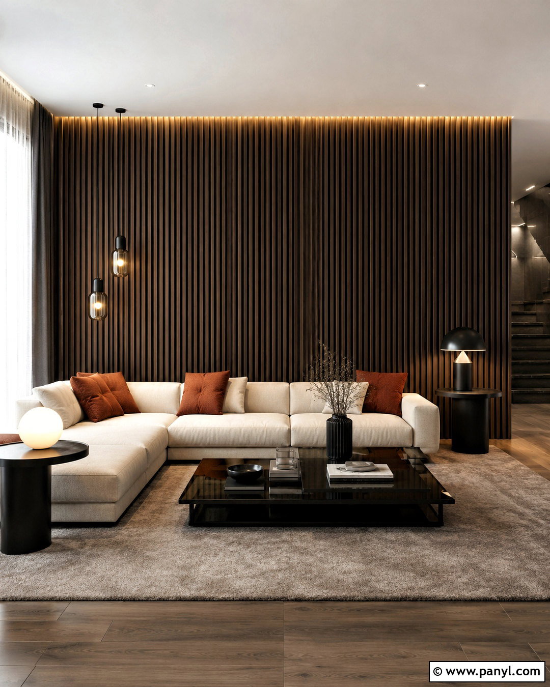 Black Wall With Wood Slats - 20 black living room wall ideas