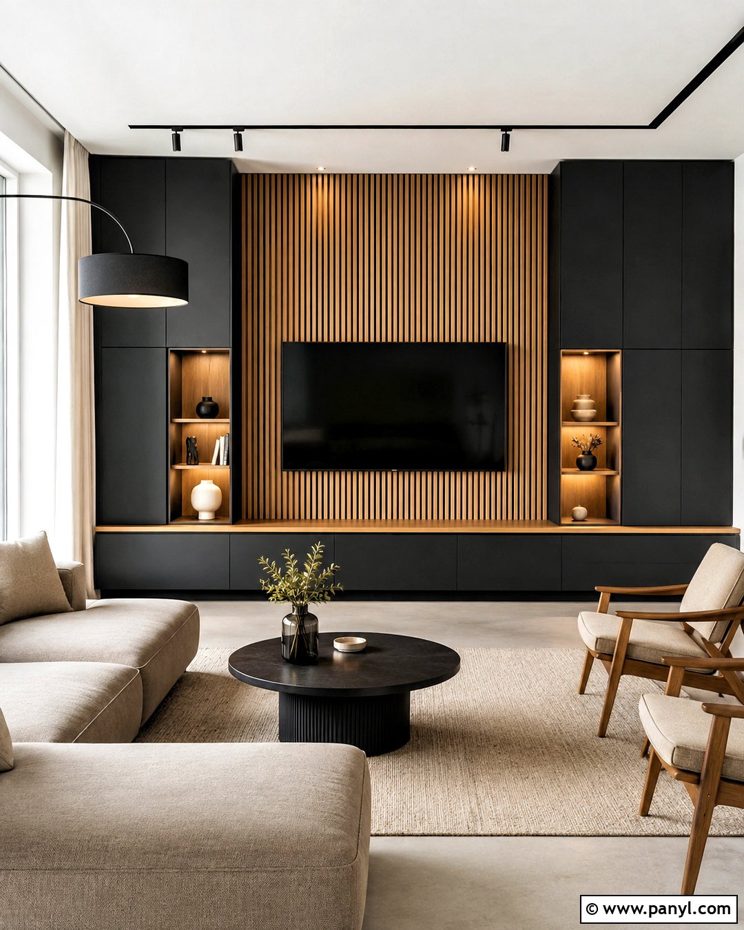 Black Wall With Wood Slats And Built-In Storage - 20 black wall with wood slats