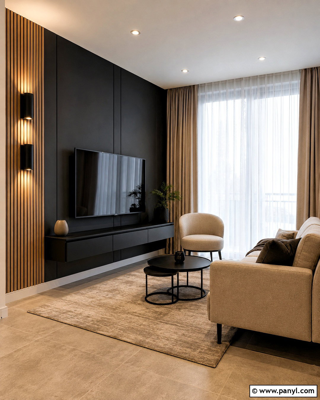 Black Wall With Wood Slats In A Small Living Room - 20 black wall with wood slats
