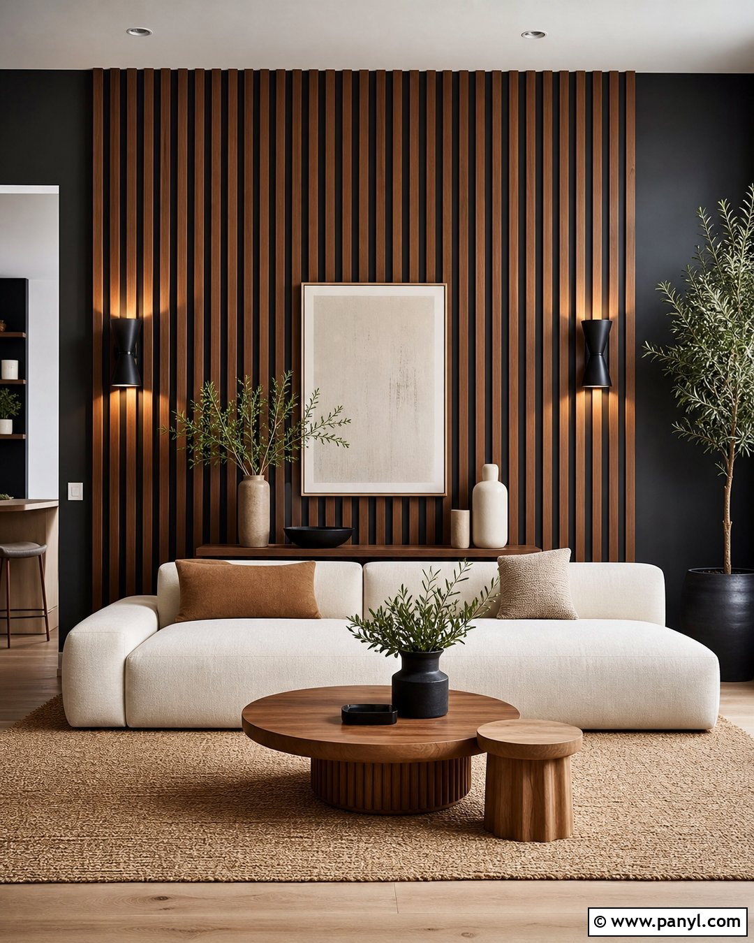 Black Wall With Wood Slats - 30 Black Wall Paint Ideas