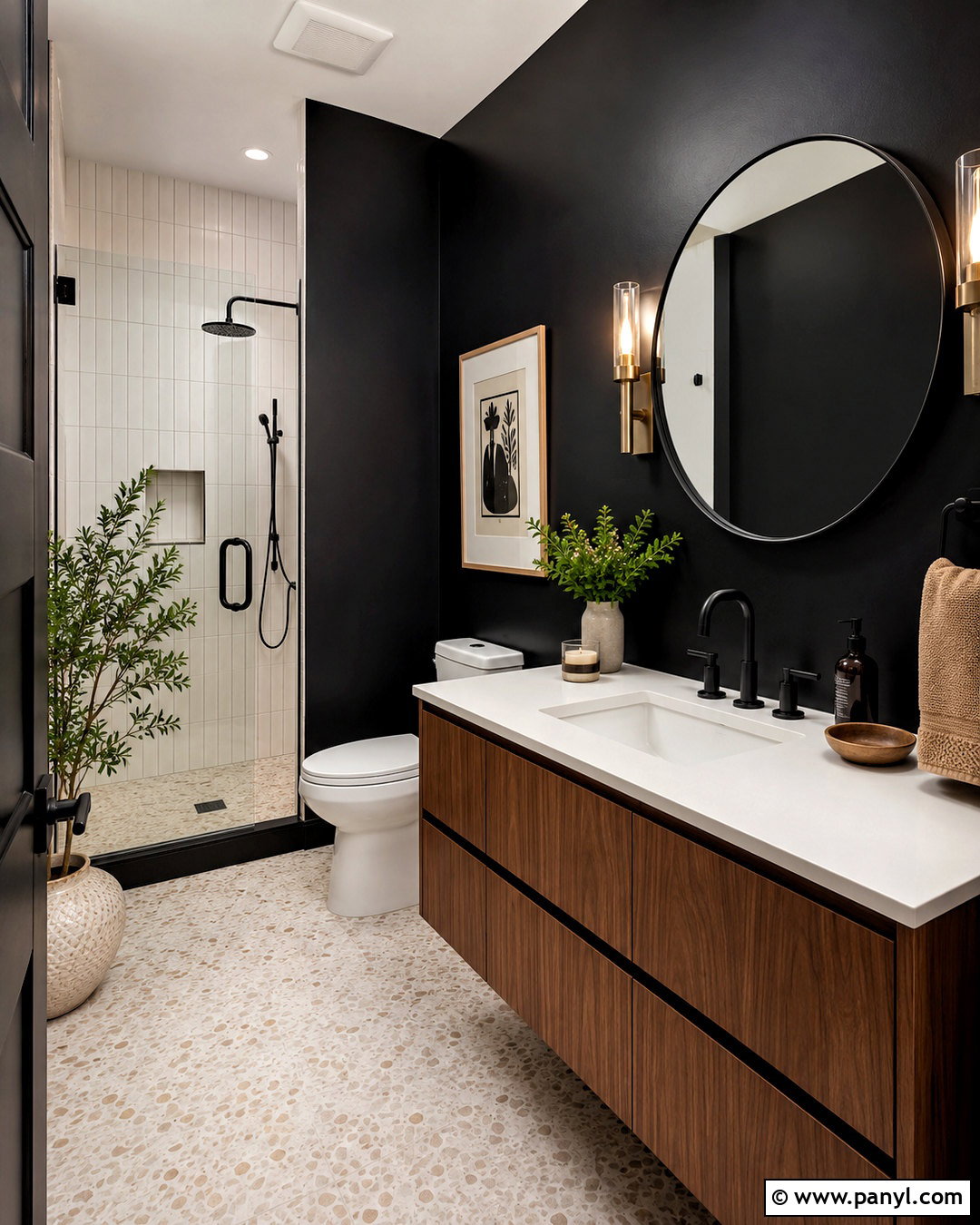 Black Wall With Wood Vanity - 20 black wall bathroom small spaces