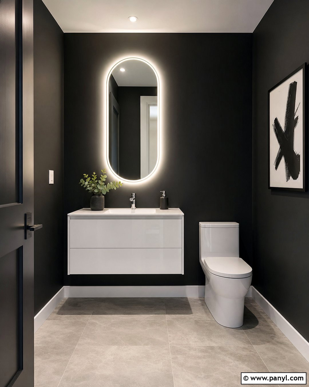 Black Walls With A Floating White Vanity - 20 Black Walls Half Bath Ideas