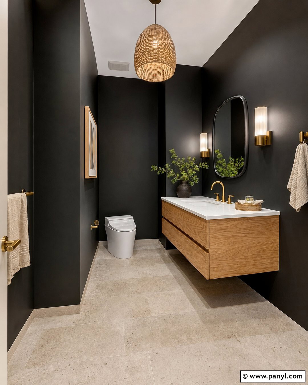 Black Walls With A Natural Wood Vanity - 20 Black Walls Half Bath Ideas