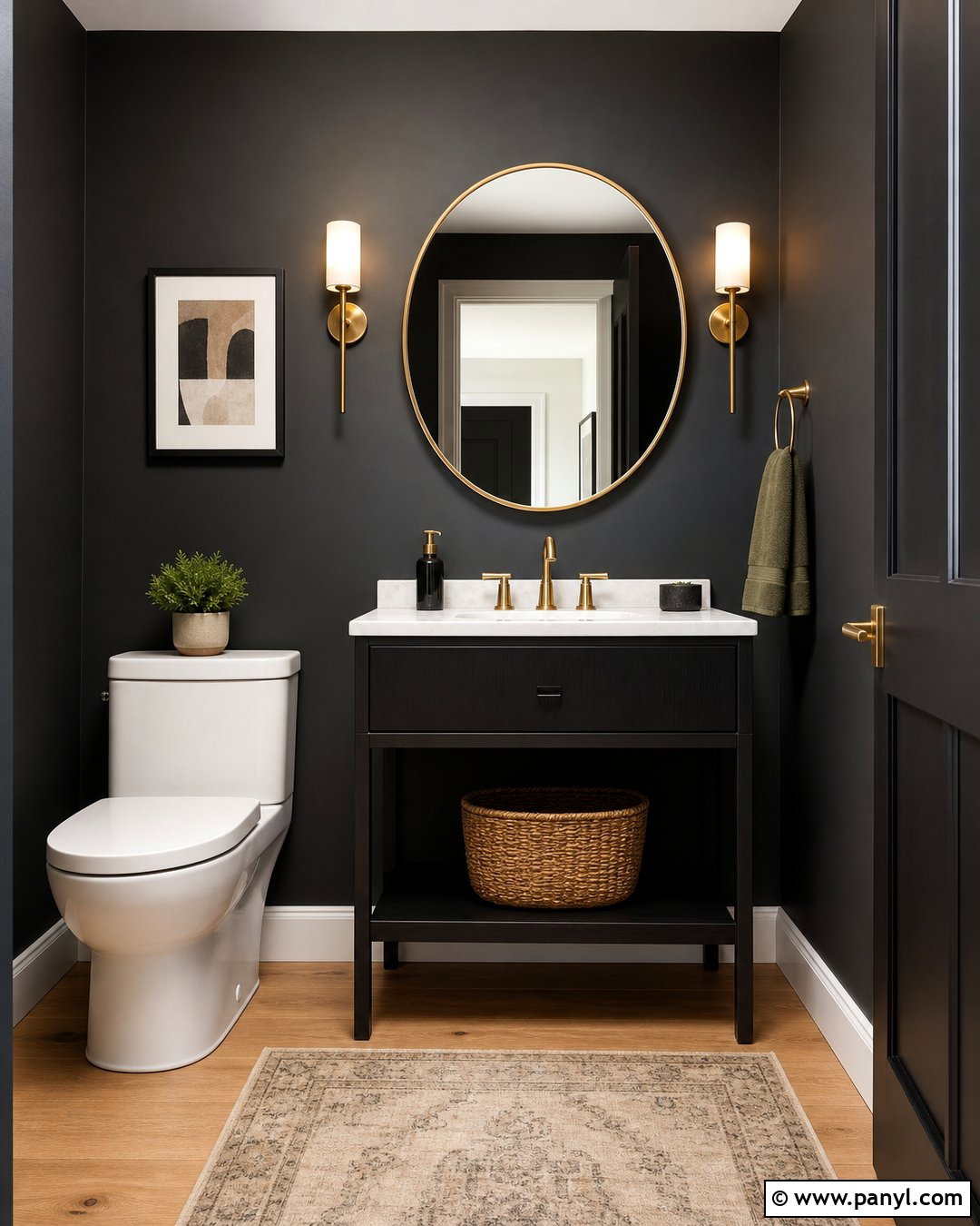 Black Walls With A Round Gold Mirror - 20 Black Walls Half Bath Ideas