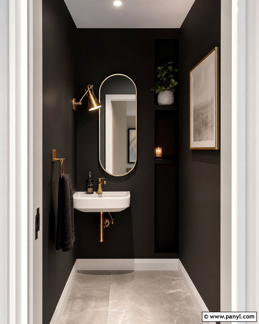 Black Walls With A Small Corner Sink - 20 Black Walls Half Bath Ideas