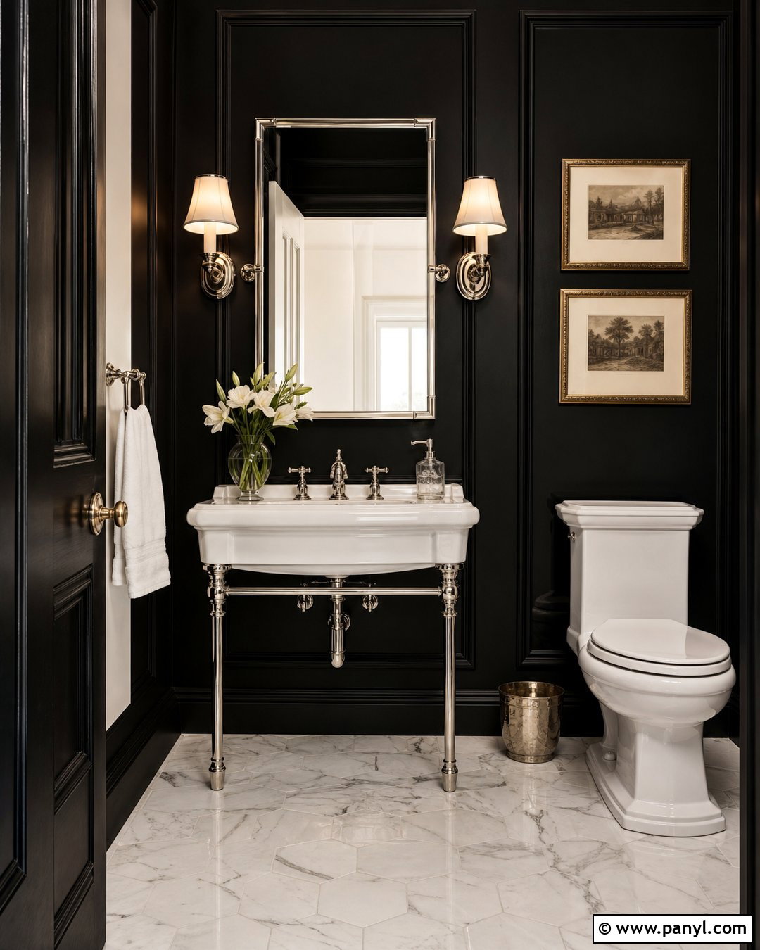 Black Walls With A Vintage Console Sink - 20 Black Walls Half Bath Ideas