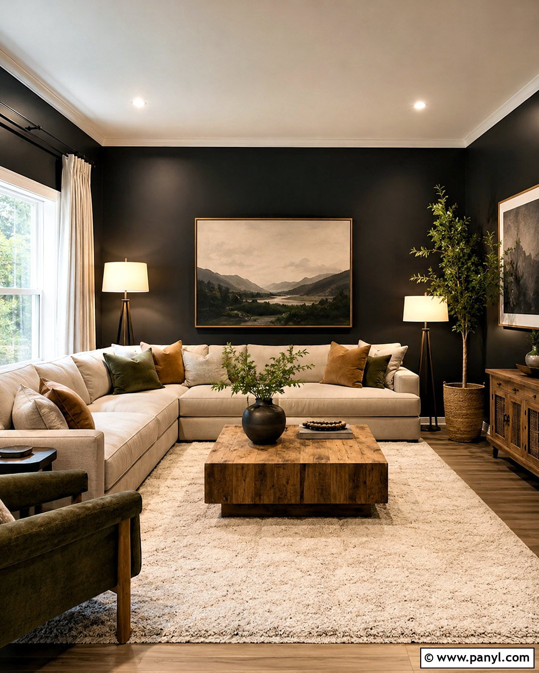 Black Walls With Beige Sectional - 20 black walls living room ideas