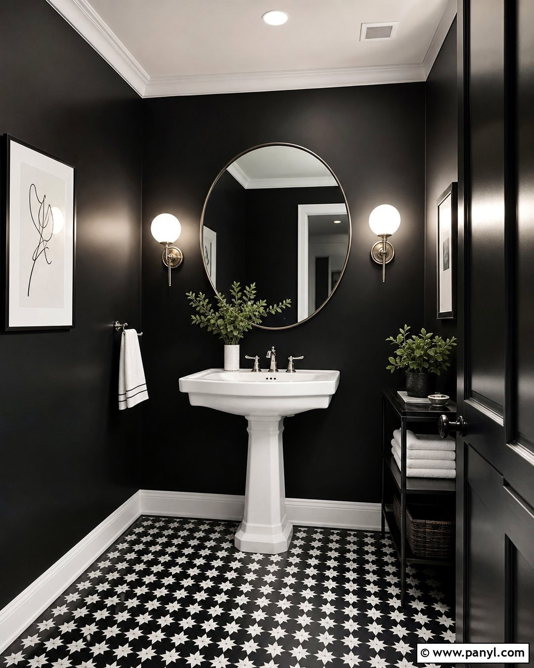 Black Walls With Black And White Floor Tile - 20 Black Walls Half Bath Ideas