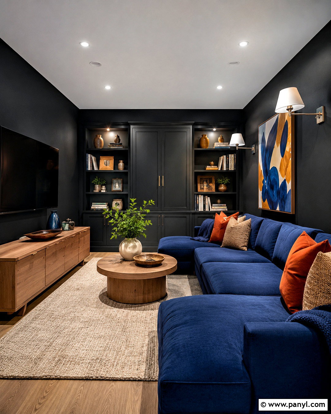 Black Walls With Blue Furniture - 40 Black Painted Walls