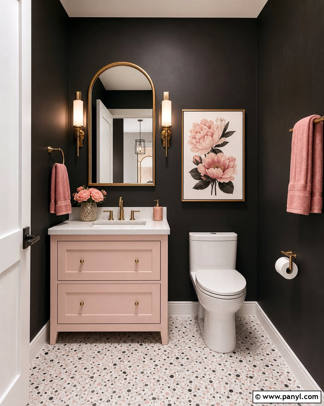 Black Walls With Blush Pink Accents - 20 Black Walls Half Bath Ideas