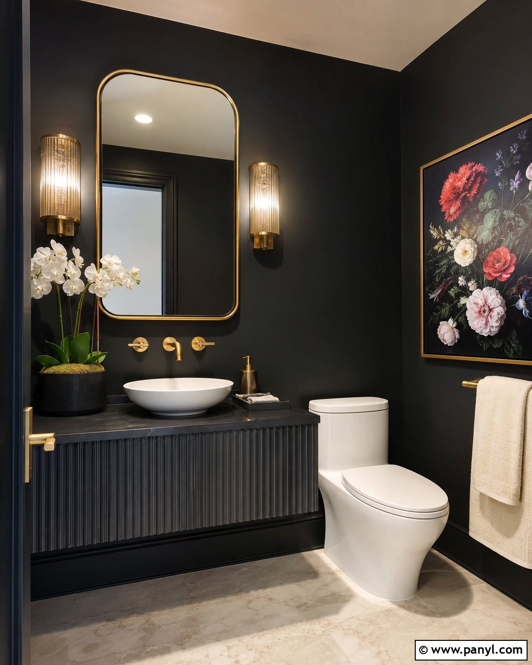 Black Walls With Brushed Brass Fixtures - 20 Black Walls Half Bath Ideas