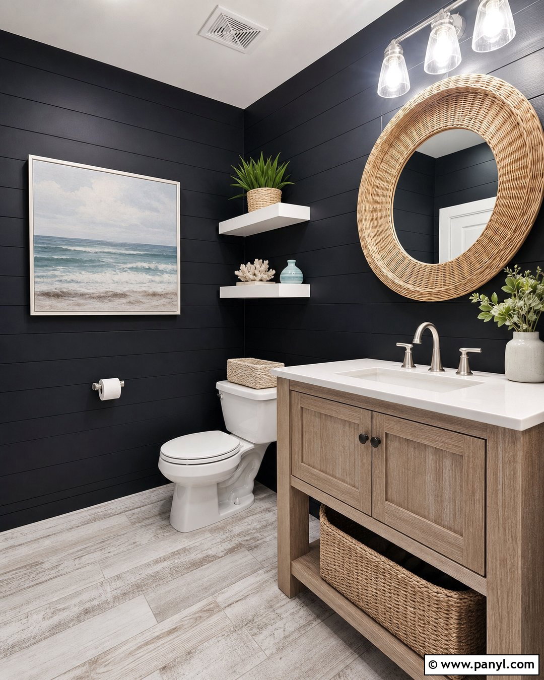 Black Walls With Coastal Wood Accents - 20 Black Walls Half Bath Ideas