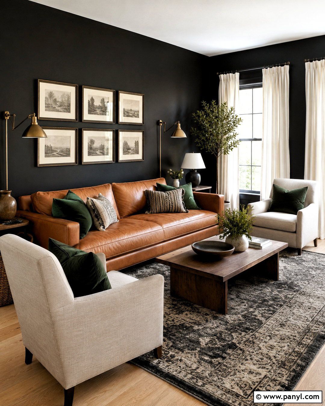 Black Walls With Cognac Leather Sofa - 20 black walls living room ideas
