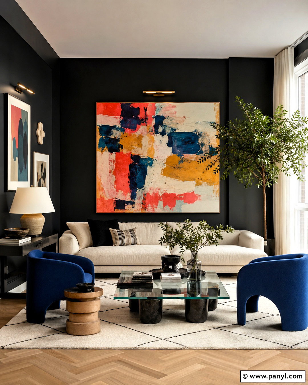 Black Walls With Colorful Artwork - 20 black walls living room ideas