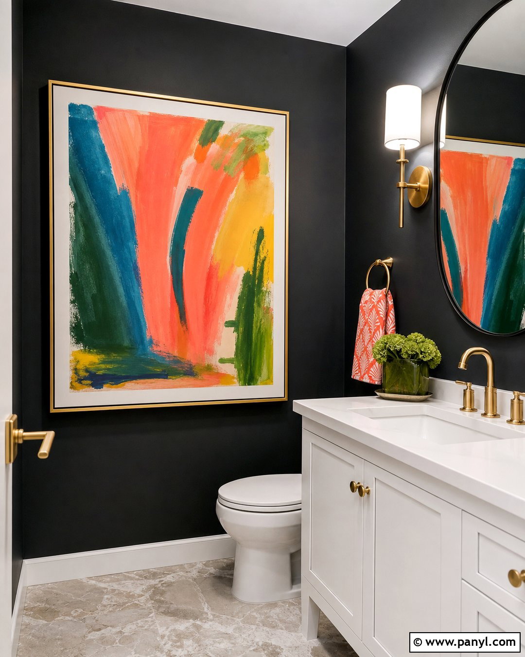 Black Walls With Colorful Artwork - 20 Black Walls Half Bath Ideas