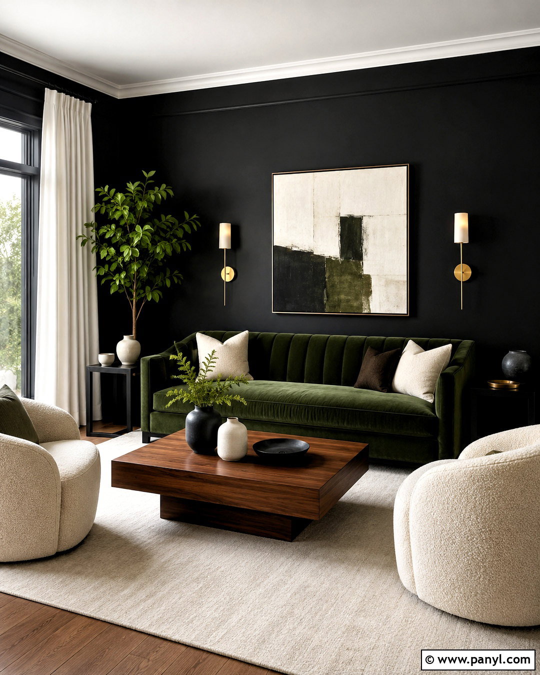 Black Walls With Green Sofa - 40 Black Painted Walls