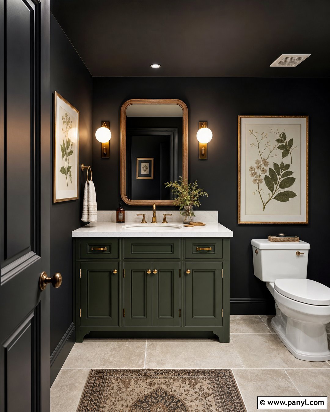 Black Walls With Green Vanity - 20 Black Walls Half Bath Ideas