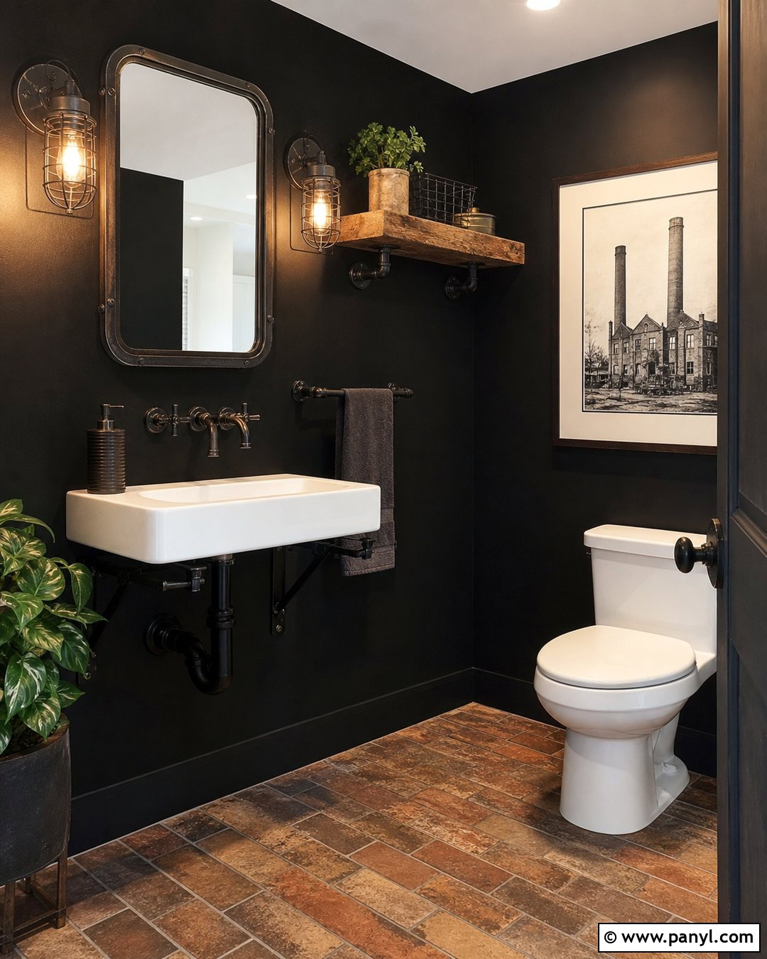 Black Walls With Industrial Fixtures - 20 Black Walls Half Bath Ideas