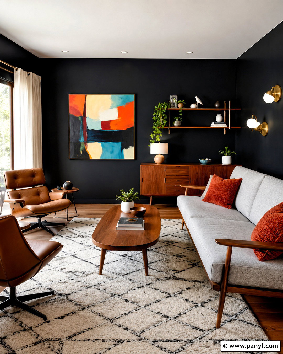 Black Walls With Mid-Century Furniture - 20 black walls living room ideas