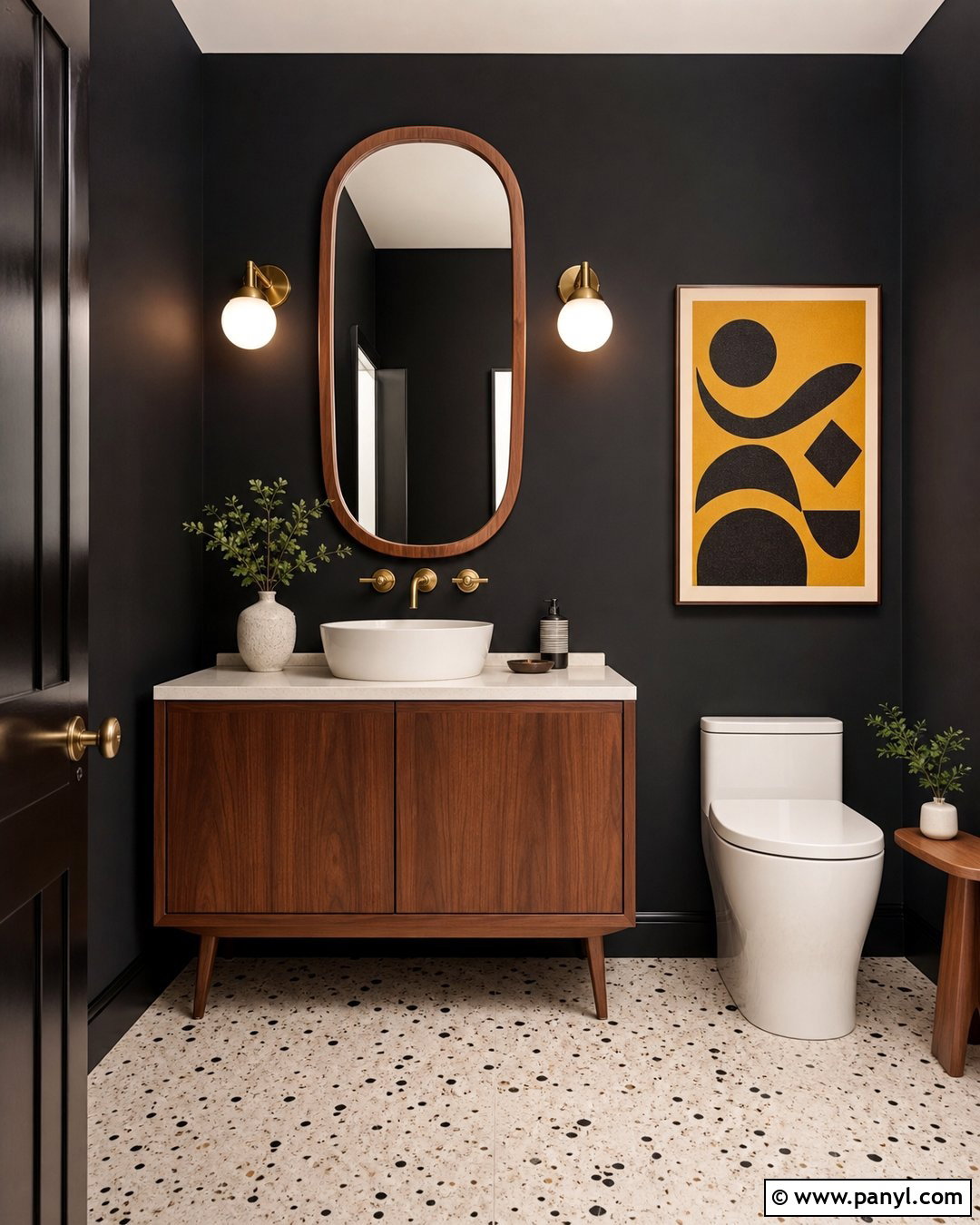 Black Walls With Midcentury Modern Decor - 20 Black Walls Half Bath Ideas