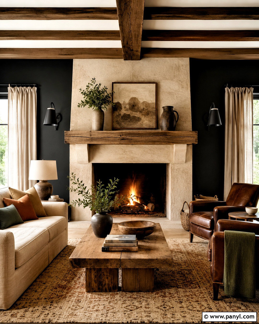 Black Walls With Natural Stone Fireplace - 20 black walls living room ideas