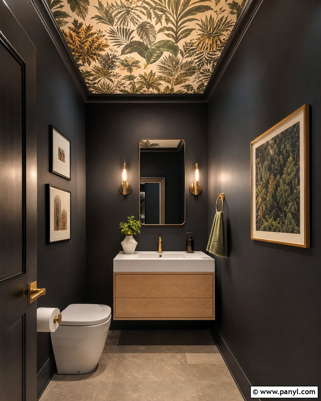 Black Walls With Patterned Wallpaper Ceiling - 20 Black Walls Half Bath Ideas