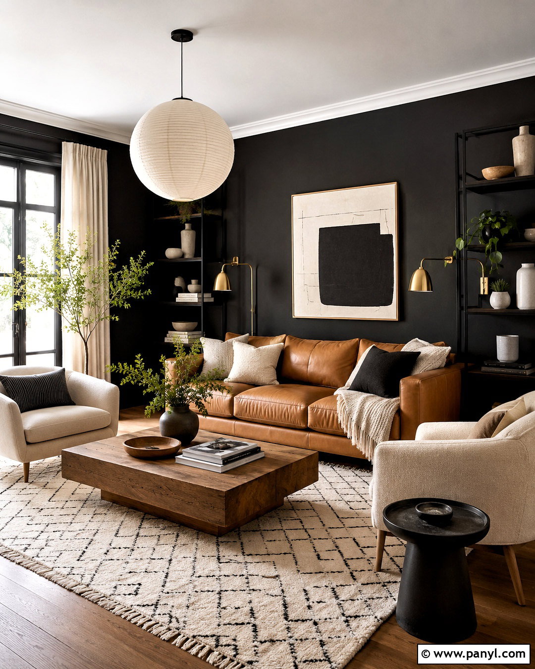 Black Walls With Tan Leather Sofa - 40 Black Painted Walls