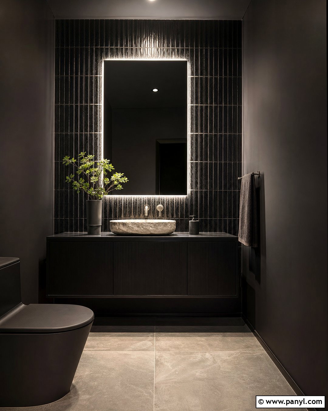 Black Walls With Textured Black Tile - 20 Black Walls Half Bath Ideas