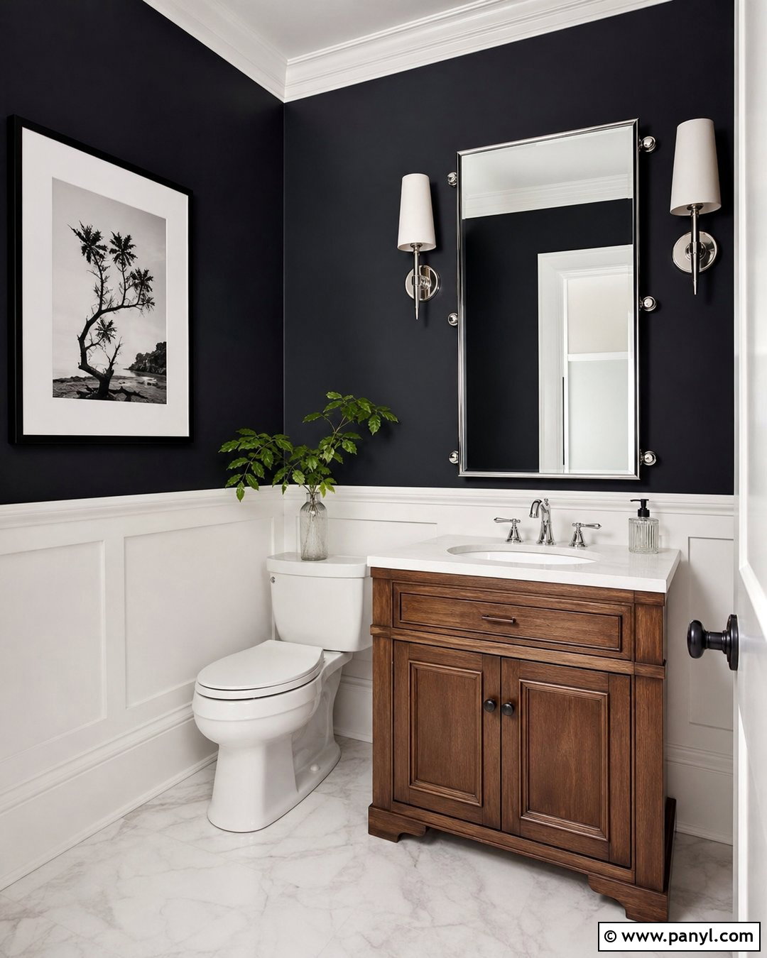 Black Walls With White Wainscoting - 20 Black Walls Half Bath Ideas