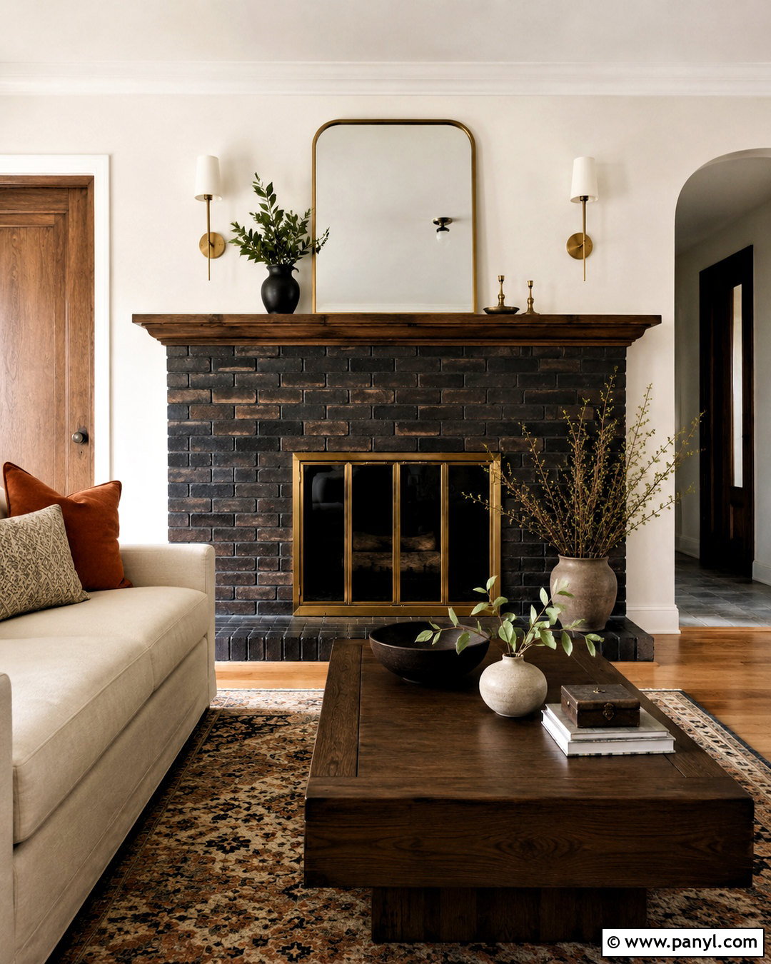 Black Wash Brick Fireplace With Brass Accents - 20 black wash brick fireplace ideas
