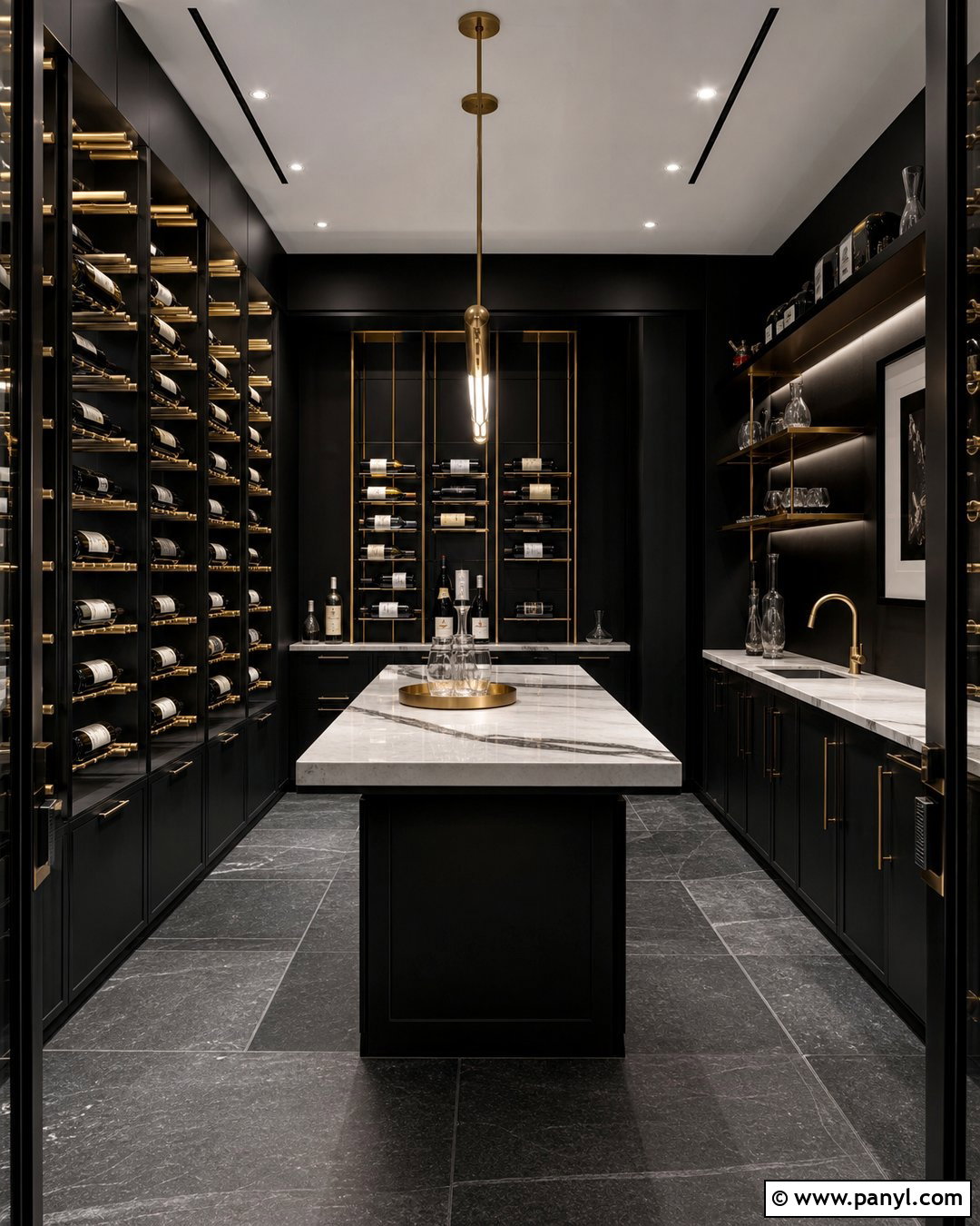Black Wine Cellar With Brass Accents - 20 Modern Wine Cellar With Black Walls