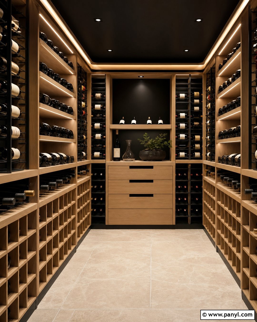 Black Wine Cellar With White Oak Shelving - 20 Modern Wine Cellar With Black Walls