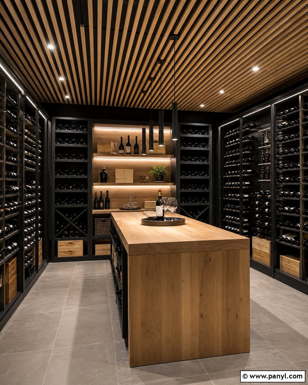 Black Wine Cellar With Wood Slat Ceiling - 20 Modern Wine Cellar With Black Walls