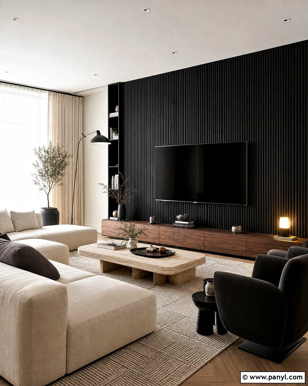 Black Wood Slat Feature Wall - 20 black feature wall living room ideas