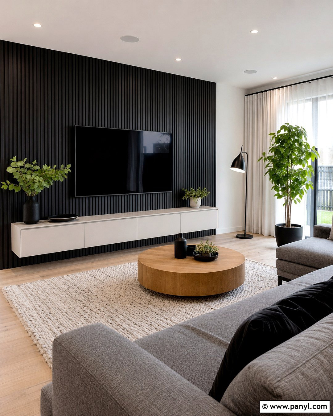 Black Wood Slat Media Accent Wall - 20 White And Black Accent Wall Ideas