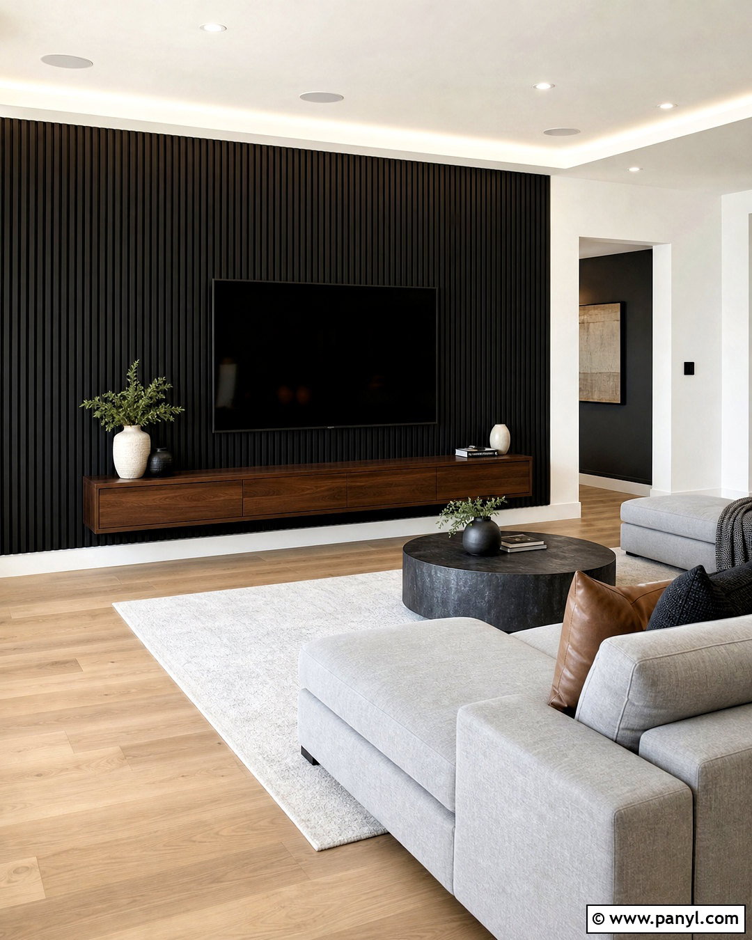 Black Wood Slat TV Accent Wall - 20 minimalist accent wall ideas